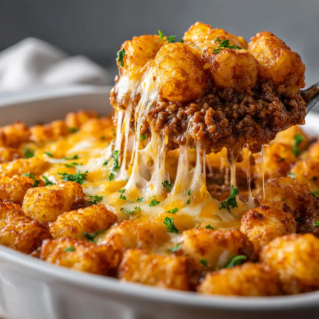 A spoonful of finished Tater Tot Casserole being lifted from the dish, revealing layers of cheesy beef and crispy potatoes.