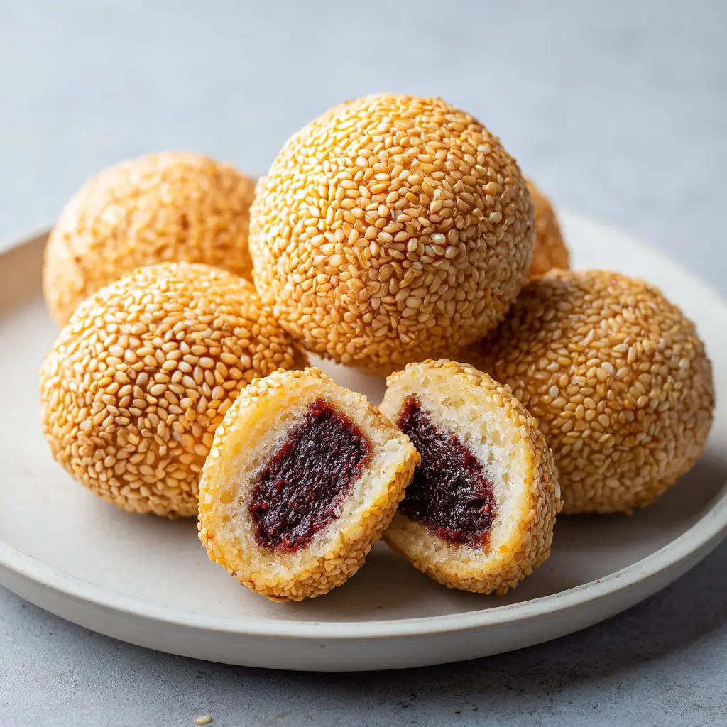 Red Bean Paste Recipe (Anko): A Step-by-Step Guide 3 An overhead shot of golden-brown sesame balls, a popular dessert that uses sweet adzuki bean paste as a filling.