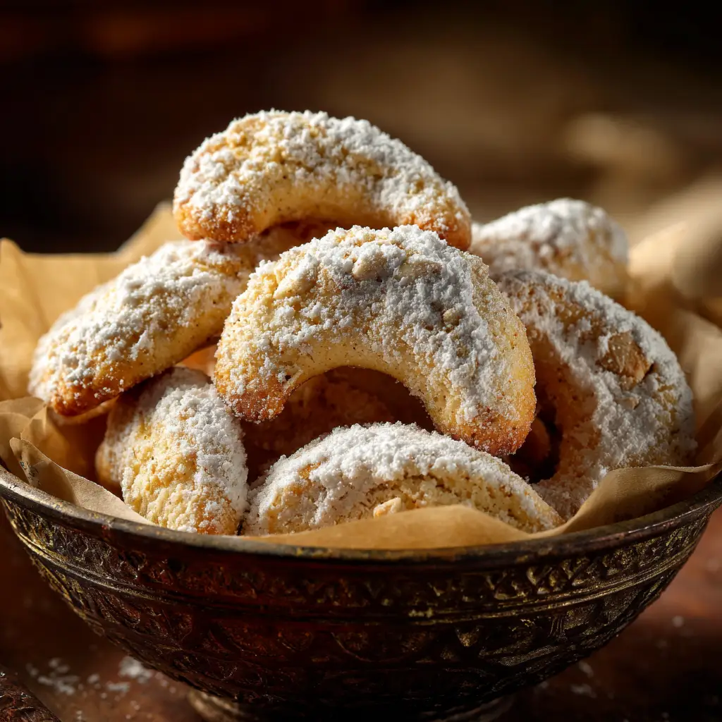 Almond Crescent Cookies (Classic Vanillekipferl Recipe) 2 The process of shaping almond crescent cookie dough into its signature crescent form before baking.