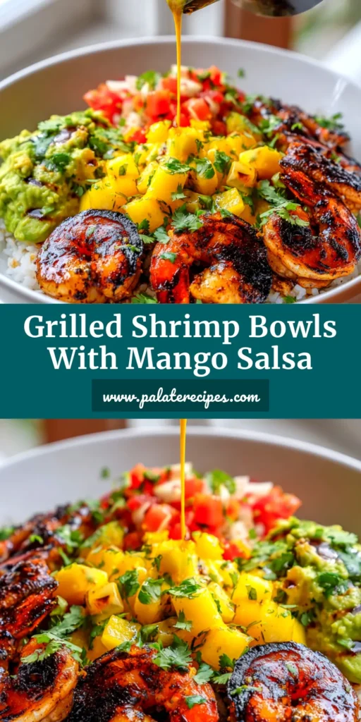 An overhead shot of a healthy Shrimp and Avocado Bowl, featuring juicy grilled shrimp, creamy avocado slices, corn, and black beans on a bed of quinoa, with a side of cilantro lime dressing.