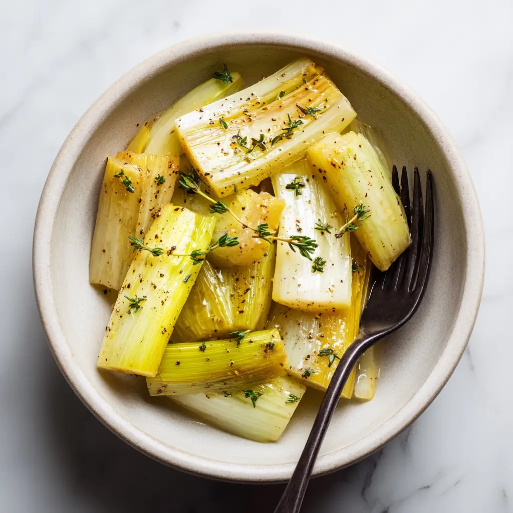 Sautéed Leeks: The Ultimate Guide to Perfect, Tender Leeks 2 A final plated dish of simple buttered leeks, ready to be served. This showcases the final result of the easy sautéed leeks recipe.
