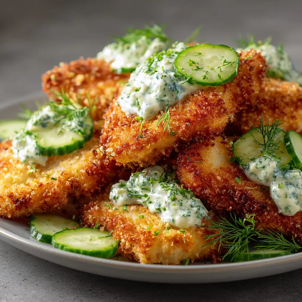 A sliced piece of juicy dill pickle parmesan chicken on a cutting board, ready to be served.