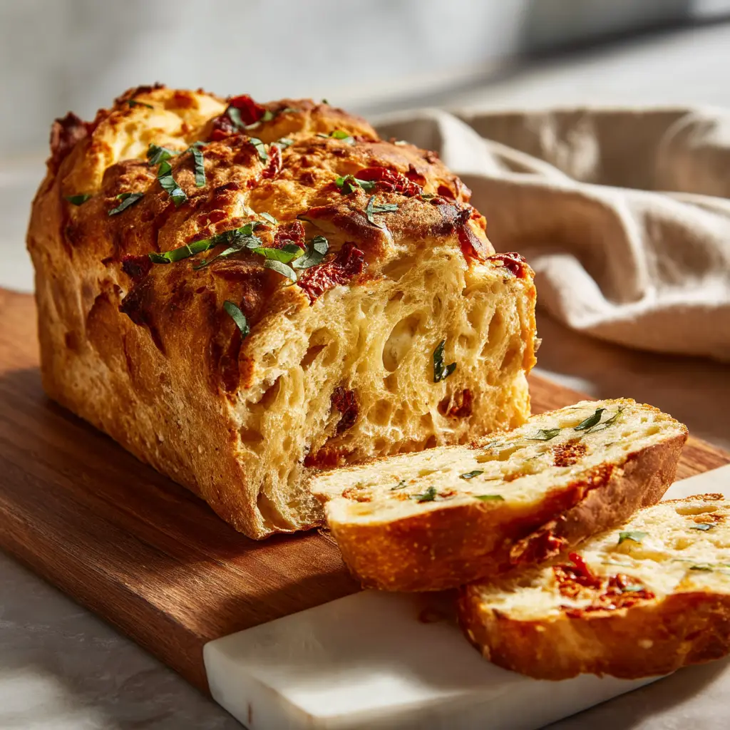 Savory Tomato Basil Bread: A Rustic Artisan Loaf 2 A sliced loaf of savory sun-dried tomato bread, revealing a soft, airy crumb studded with fresh basil and tomato.