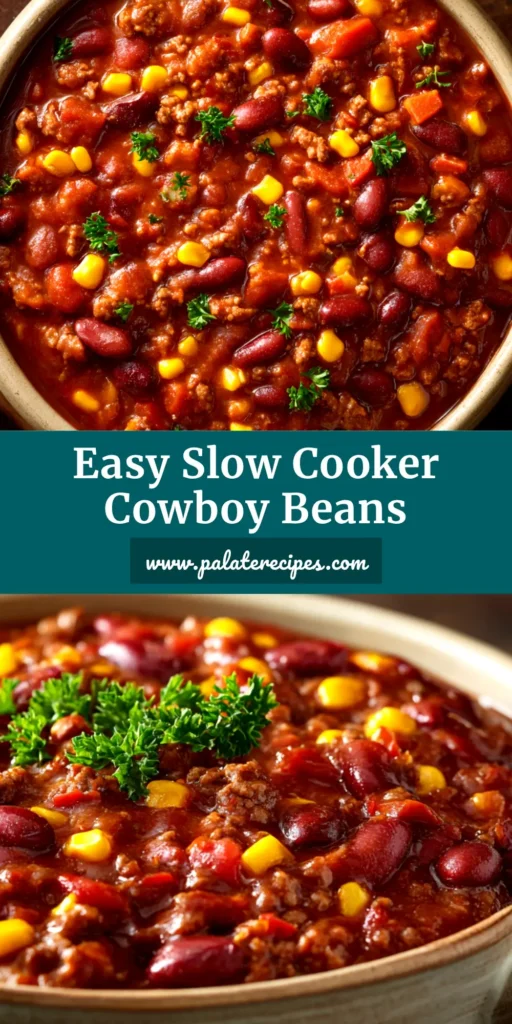 A top-down view of a hearty bowl of slow cooker cowboy beans, garnished with crispy bacon. The rich, dark sauce covers a mix of beans and ground beef, perfect for a Pinterest food pin.