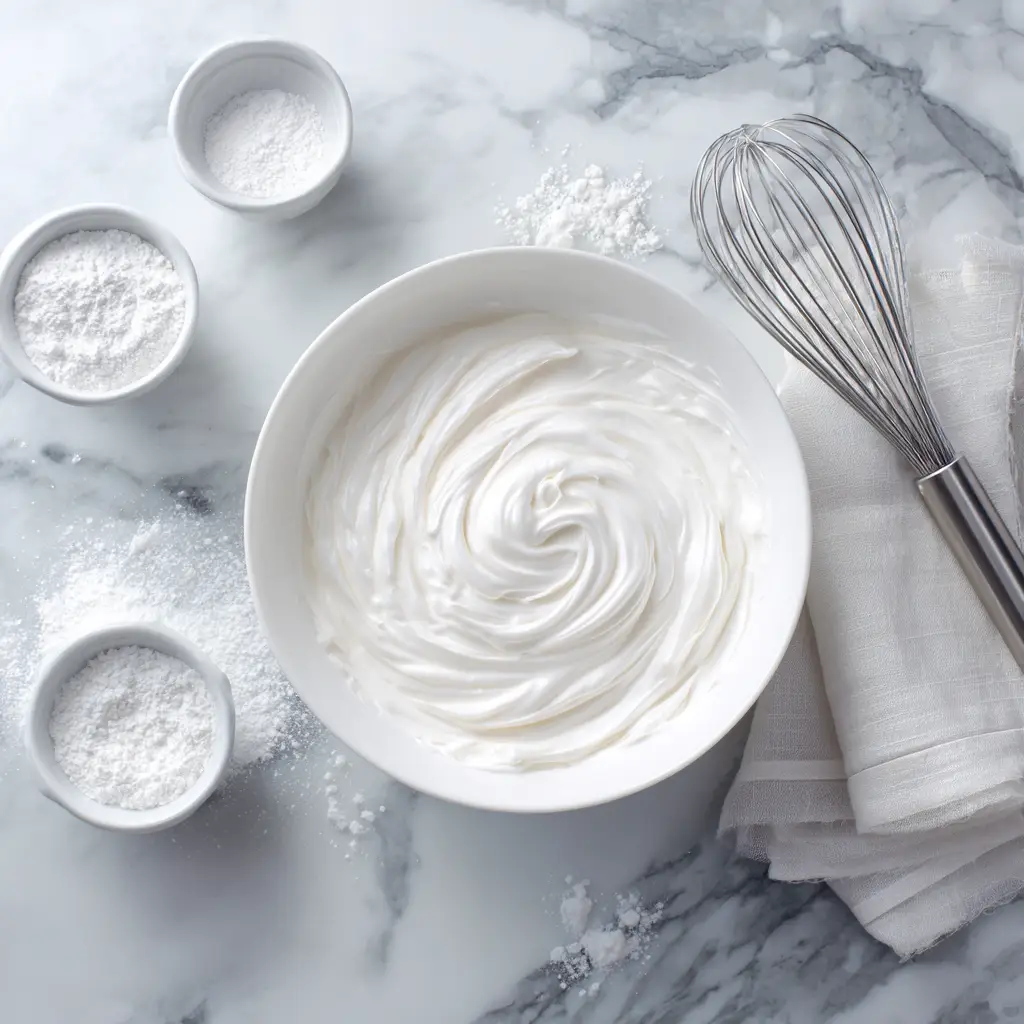 A whisk dripping smooth white vanilla frosting into a bowl, demonstrating the perfect consistency for a glaze.