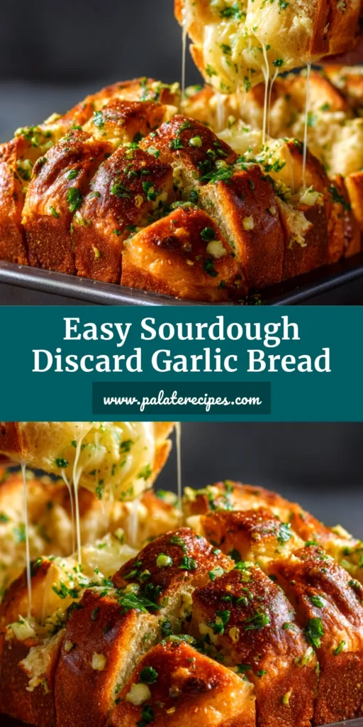 Sourdough Discard Garlic Pull Apart Bread (Easy & Cheesy!) 4 A golden-brown loaf of Sourdough Discard Garlic Pull Apart Bread being pulled apart to show cheesy, garlicky layers.
