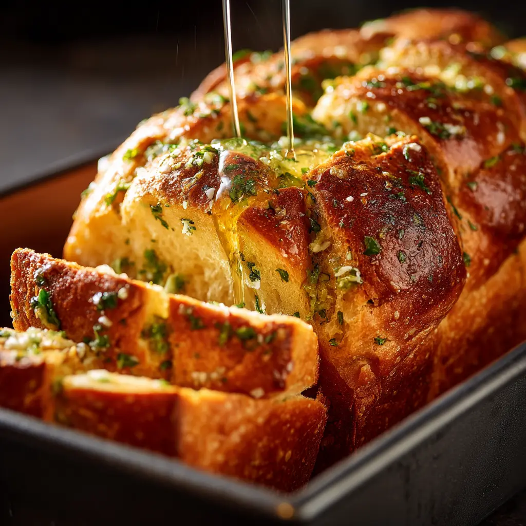 Sourdough Discard Garlic Pull Apart Bread (Easy & Cheesy!) 3 An extreme close-up shot of the golden-brown baked crust of homemade garlic bread, showcasing its perfect texture.