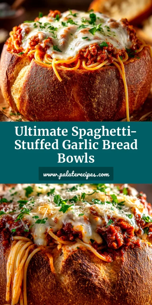 An overhead shot of four spaghetti garlic bread bowls on a wooden board, topped with melted cheese and fresh parsley. The ultimate comfort food recipe.