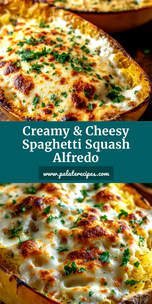 A close-up of creamy Spaghetti Squash Alfredo served in a white bowl, garnished with parsley. A perfect healthy, low-carb dinner recipe.