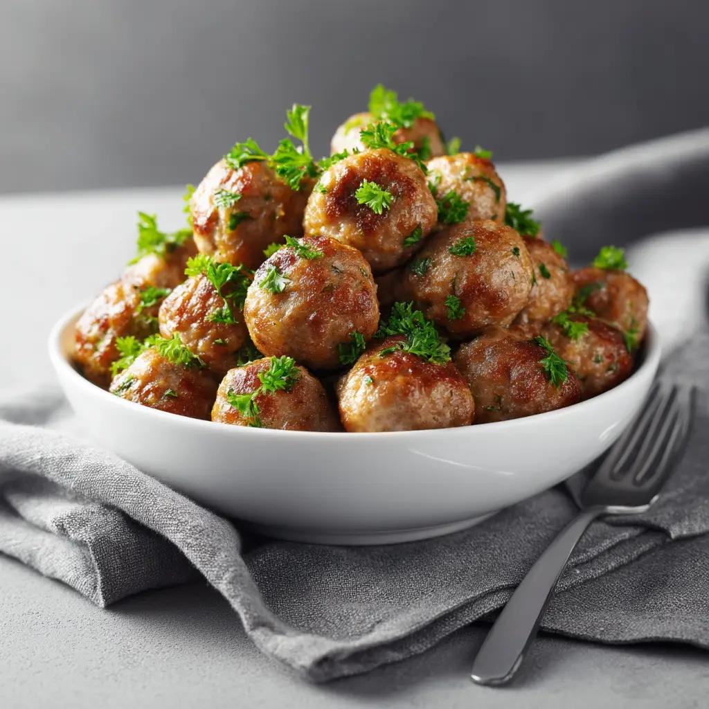 A bowl of spaghetti topped with several large baked Italian meatballs, marinara sauce, and a sprinkle of grated Parmesan cheese.
