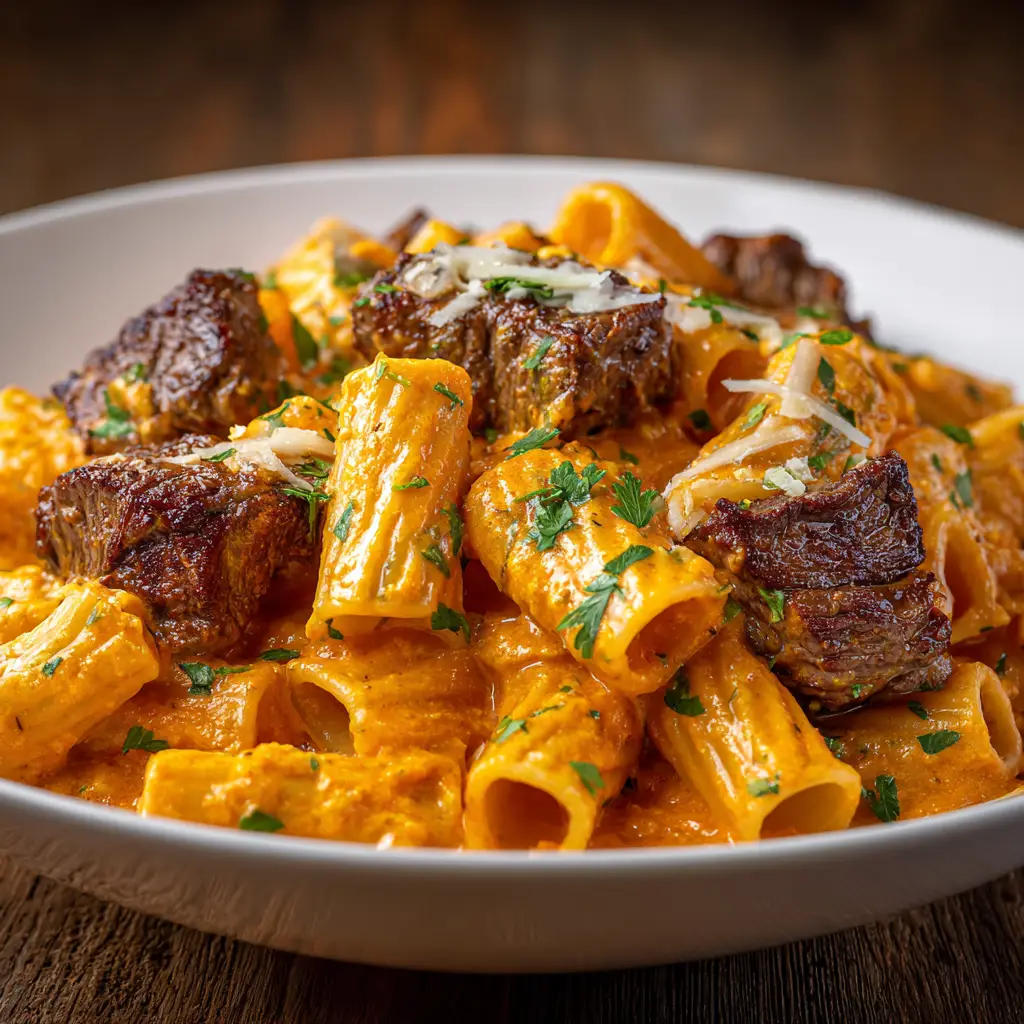 Cajun Steak Pasta: A Creamy, Spicy & Irresistible Dinner 2 Another angle of the Cajun steak pasta, emphasizing the perfectly seared steak and fresh parsley garnish.