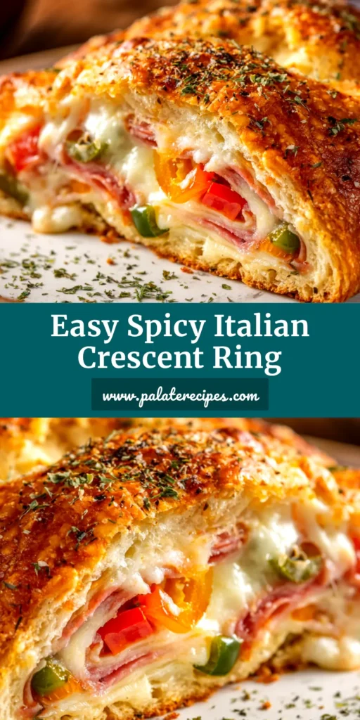 A golden-brown baked Spicy Italian Crescent Ring on a baking sheet, with a slice being lifted showing a cheesy, meaty filling. The perfect appetizer for parties and game day.