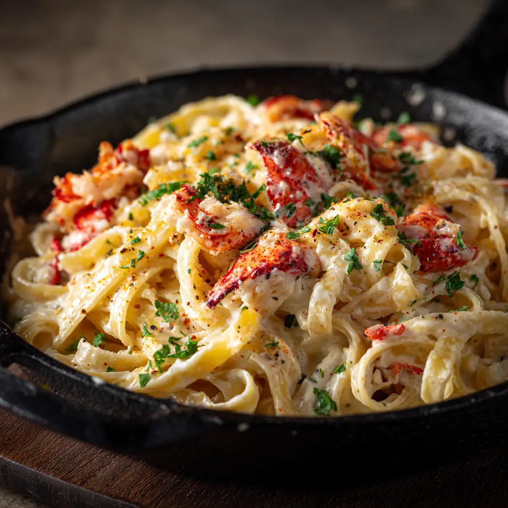 A fork twirling fettuccine from a bowl of spicy shrimp and scallop alfredo, garnished with fresh herbs.