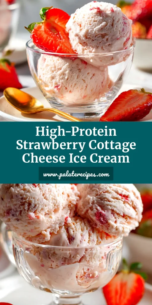 A scoop of creamy pink strawberry cottage cheese ice cream in a white bowl, garnished with fresh strawberries. The perfect high-protein dessert.