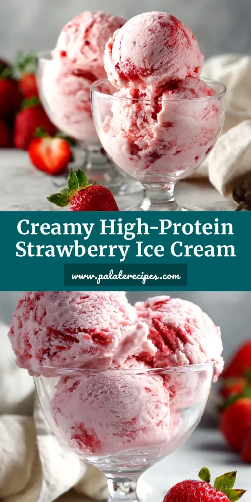 Creamy strawberry cottage cheese ice cream scooped in a bowl. A healthy, high-protein dessert recipe.
