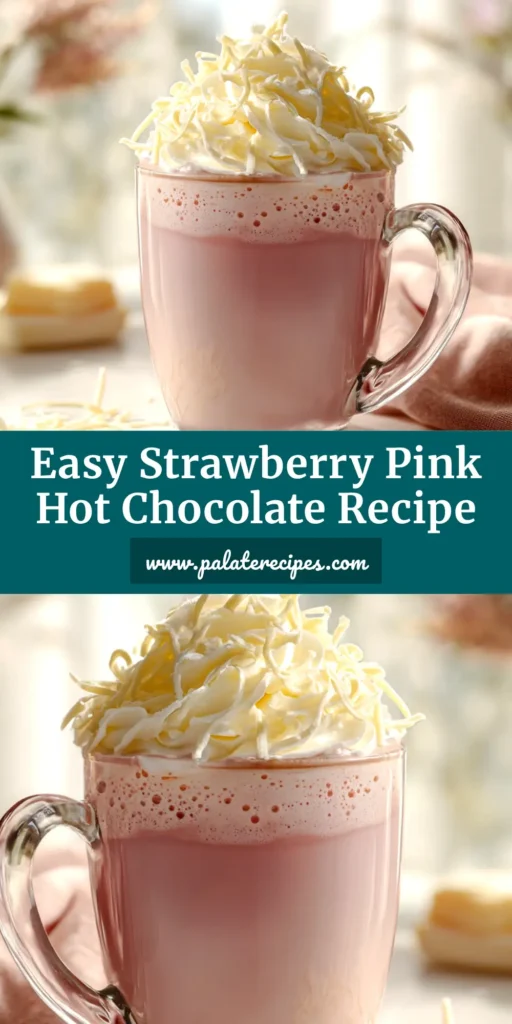 Strawberry Hot Chocolate: A Rich & Creamy Recipe 4 A beautiful pink Strawberry Hot Chocolate in a glass mug, topped with whipped cream and sprinkles, with fresh strawberries nearby.