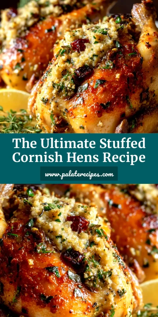 Perfectly roasted Stuffed Cornish Game Hens with a savory wild rice and cranberry stuffing, presented on a platter and ready for a holiday dinner.