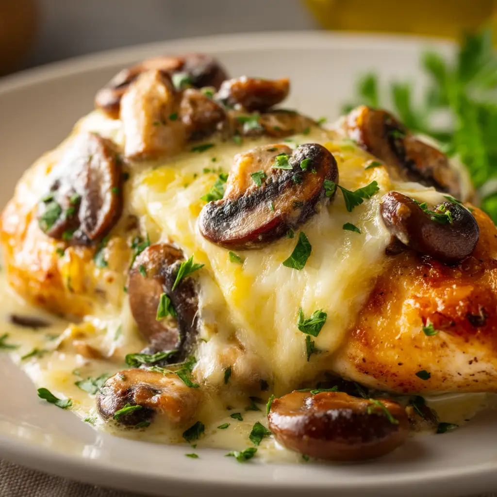 Gouda & Mushroom Stuffed Chicken (The Ultimate Cheesy Dinner) 2 A butterflied chicken breast being filled with a savory mixture of shredded Gouda cheese and cooked mushrooms.