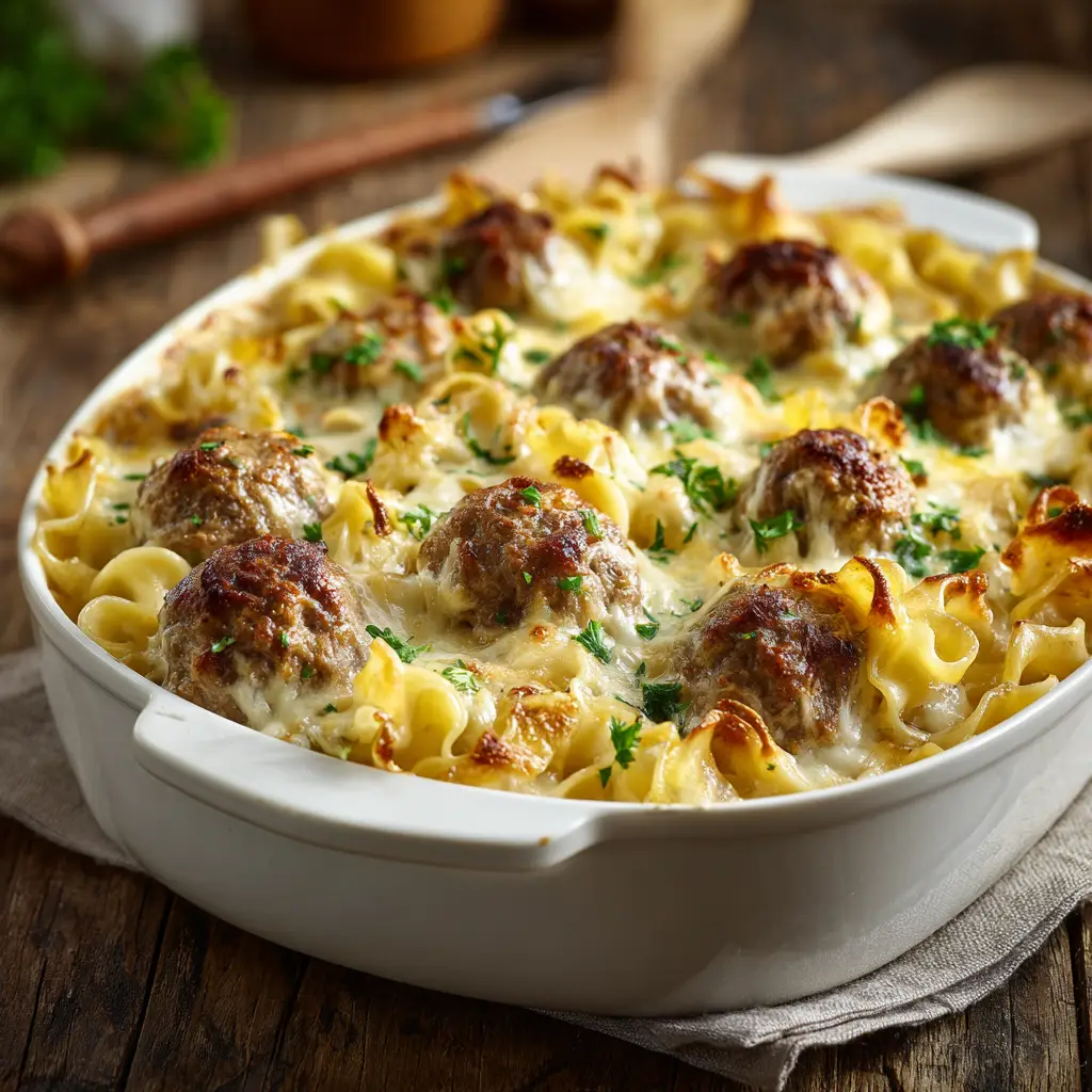 The fully assembled Swedish Meatball Casserole in a baking dish before it goes into the oven.