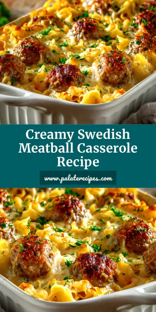 A top-down view of a delicious Swedish Meatball Casserole in a white baking dish, showing creamy sauce, noodles, and meatballs.