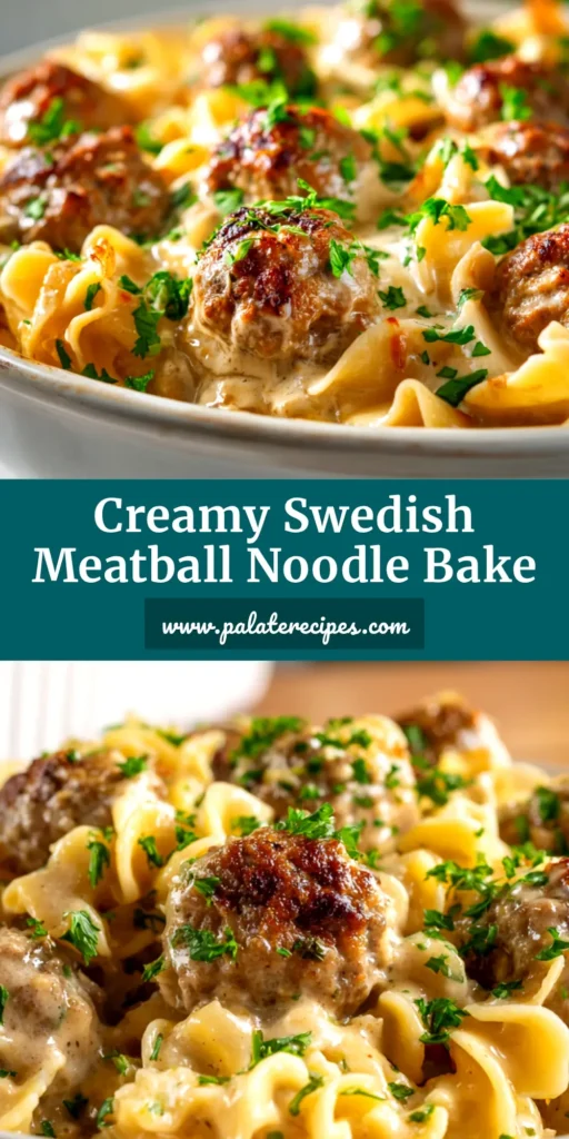A delicious Swedish Meatball Noodle Bake in a white casserole dish, garnished with fresh parsley. The perfect comfort food recipe.