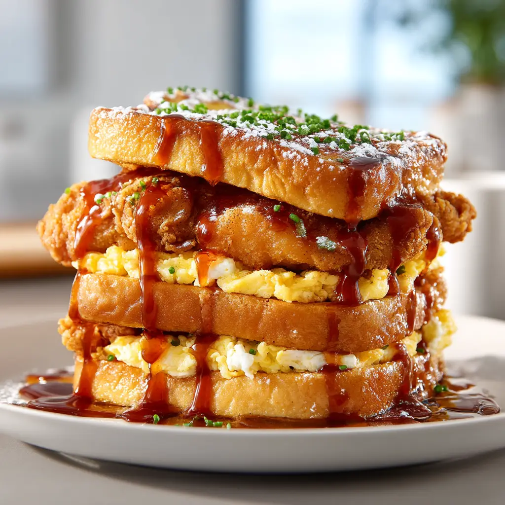 French Toast Fried Chicken Sandwich (The Ultimate Sweet & Savory Recipe) 2 Assembling the sweet and savory French Toast Fried Chicken Sandwich, with a drizzle of spicy maple syrup being poured over the top.
