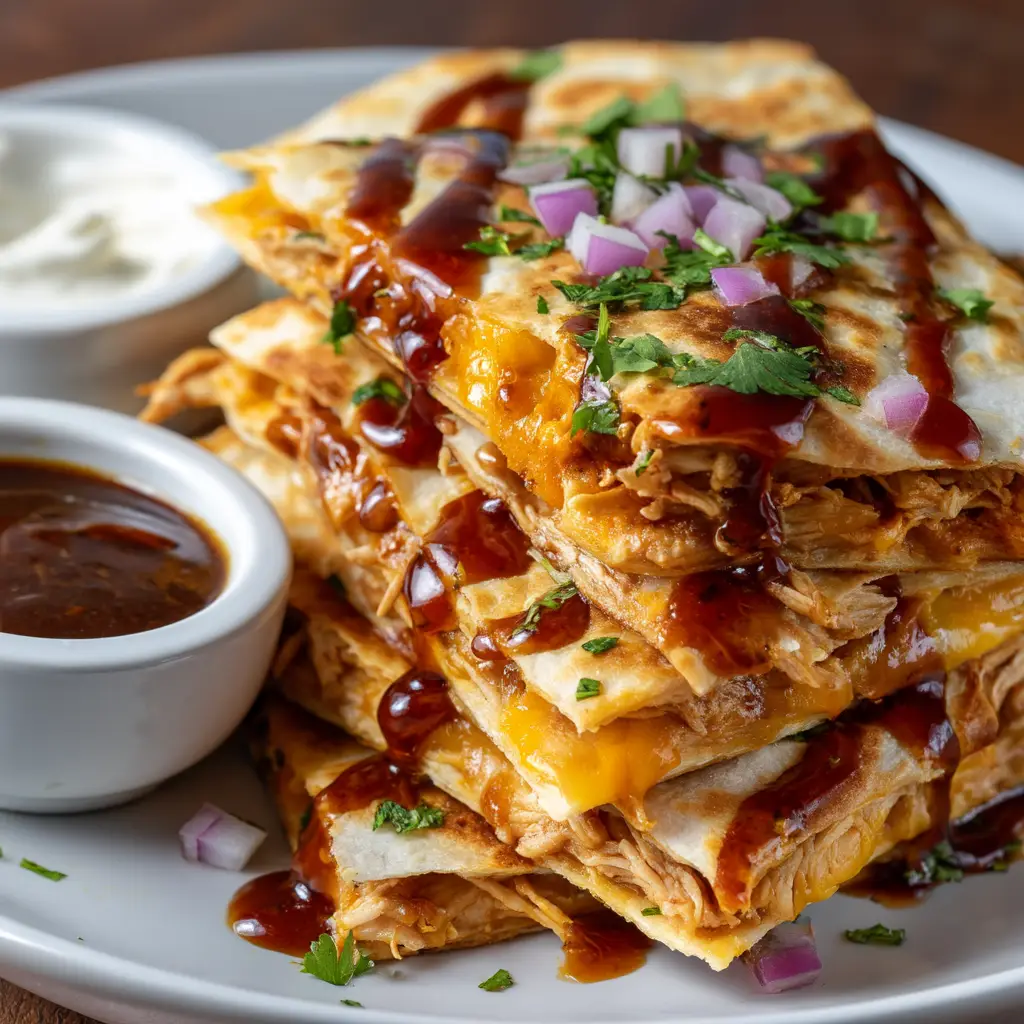 Hot Honey BBQ Chicken Quesadillas (The Ultimate Cheesy Recipe) 3 A close-up shot of a sweet and spicy chicken quesadilla, with melted cheddar and Monterey Jack cheese oozing from the sides.