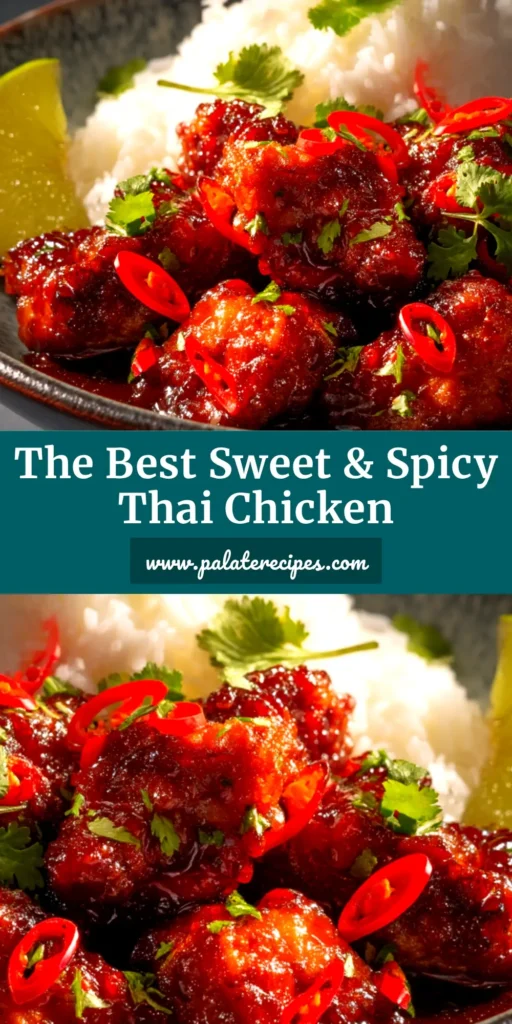 A top-down view of Sweet And Spicy Thai Chicken in a white bowl, garnished with sesame seeds and green onions, ready to be pinned. The chicken is glossy with a vibrant red-orange sauce.