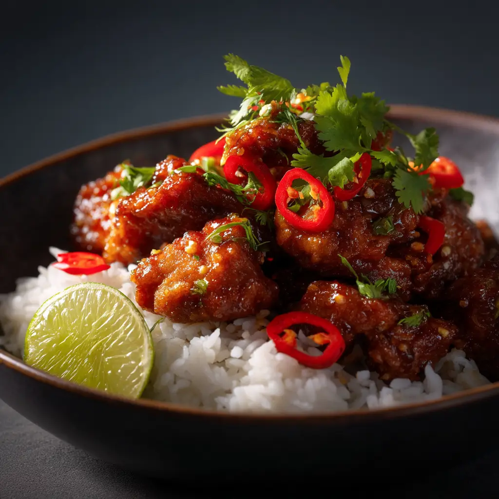 A serving of the finished sweet chili chicken stir-fry in a bowl with rice. The dish is garnished with fresh green onions, showcasing a complete meal.