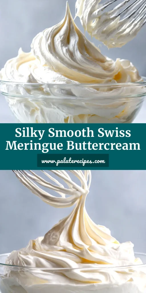 A photo showcasing the final result of the Swiss Meringue Buttercream Recipe, with a bowl of silky frosting and a piped cupcake, emphasizing its smooth texture.