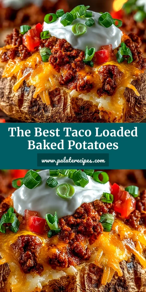 Taco Loaded Baked Potatoes: The Ultimate Comfort Food Mashup 4 A delicious overhead shot of four Taco Loaded Baked Potatoes on a rustic wooden board, topped with cheese, sour cream, and fresh cilantro. The perfect easy dinner recipe.