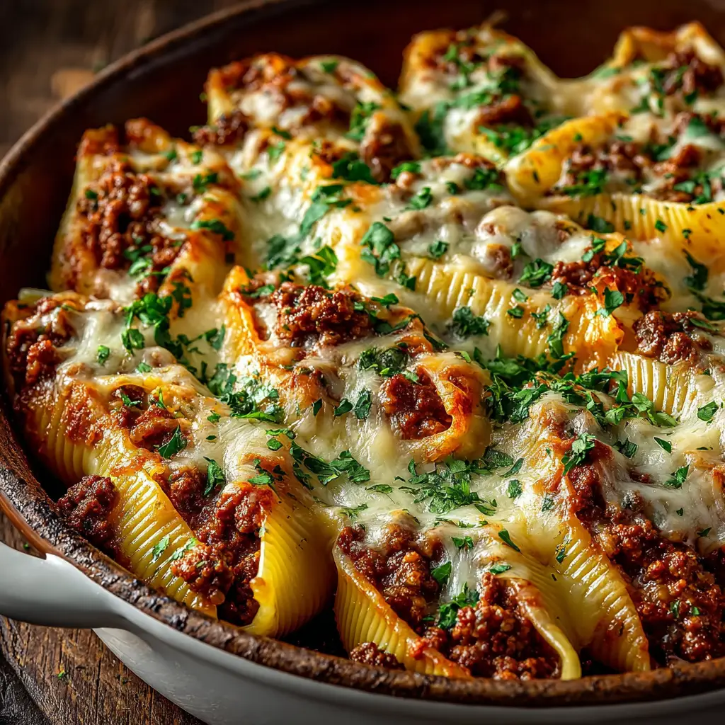 A single taco pasta shell on a plate, showing the savory ground beef filling and garnished with fresh cilantro and a dollop of sour cream.