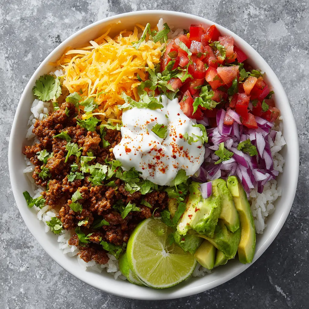 A fully assembled taco rice bowl featuring a colorful array of toppings like diced tomatoes, corn, and fresh cilantro.