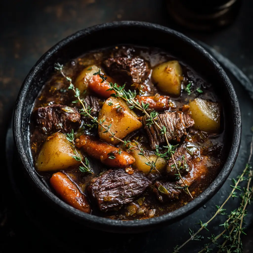 A spoonful of hearty beef stew being lifted from a bowl, showing the tender chunks of beef, potatoes, and carrots in a thick, rich gravy.