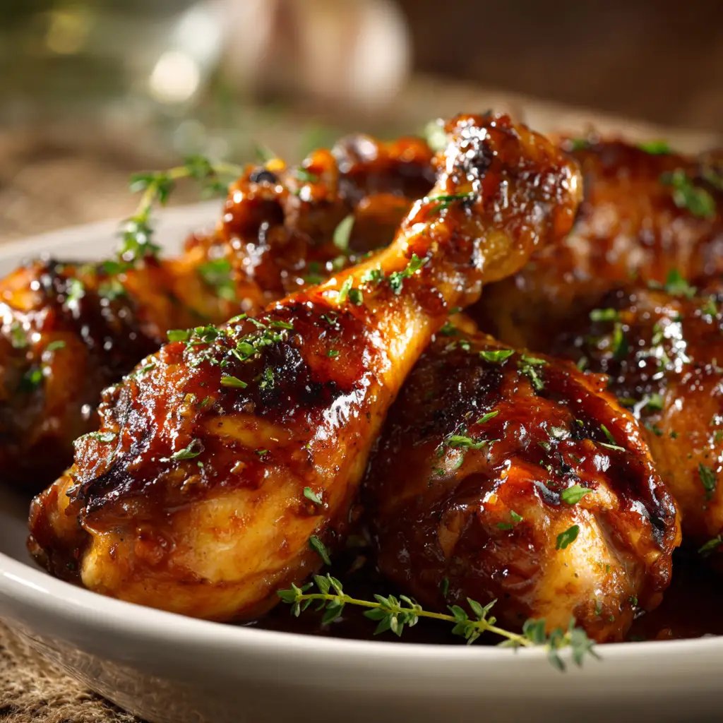 A plate of fall-off-the-bone crock pot chicken legs showing the juicy, tender meat falling off the bone.