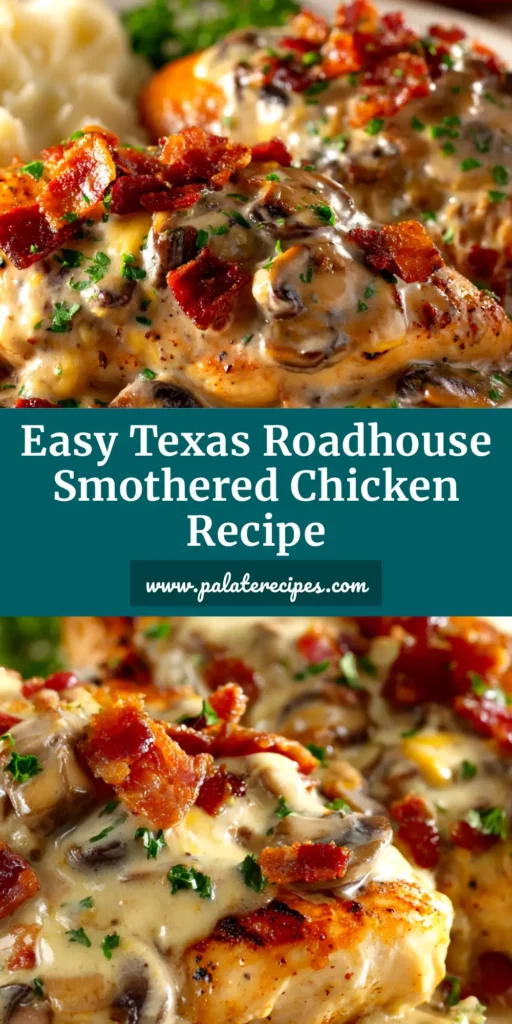 A close-up shot of Texas Roadhouse smothered chicken on a white plate. The chicken is topped with melted cheese, sauteed mushrooms, and onions, with parsley garnish.