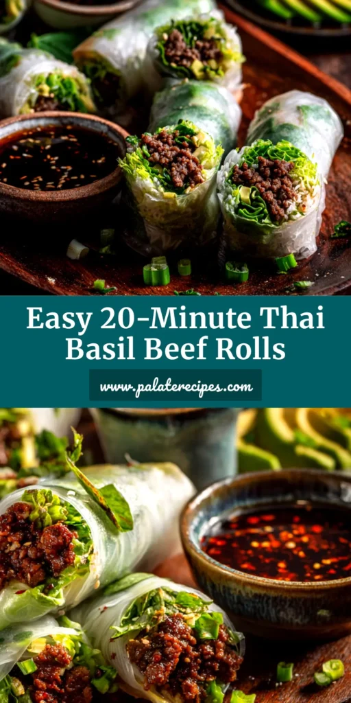 Thai Basil Beef Rolls (Easy & Fresh Recipe) 5 A platter of fresh Thai basil beef rolls, sliced in half to show the colorful filling, served with a creamy peanut dipping sauce.