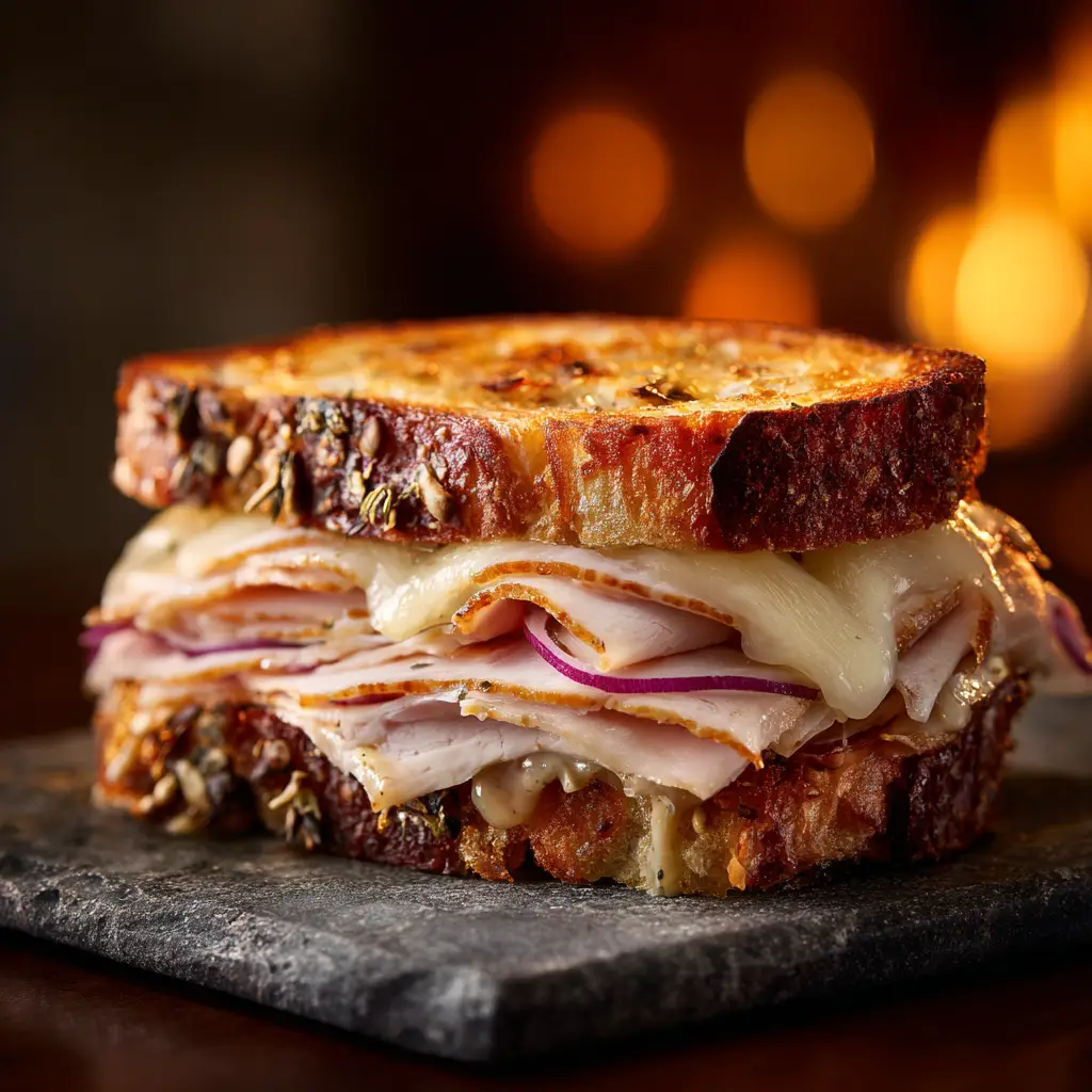 Turkey Dijon Melt: The Ultimate Guide to the Perfect Sandwich 2 A close-up of a toasted turkey melt being prepared, showing the layers of turkey, cheese, and Dijon spread on sourdough bread.