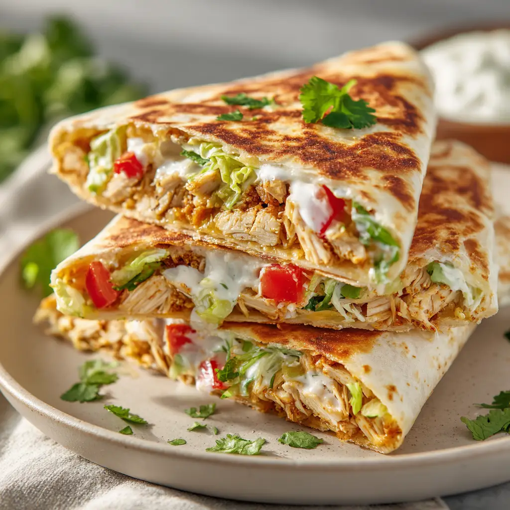 Healthy Chicken Crunch Wrap: Your New Favorite 30-Minute Meal 2 A full, untliced Healthy Chicken Crunch Wrap being toasted to a perfect golden brown in a black skillet.