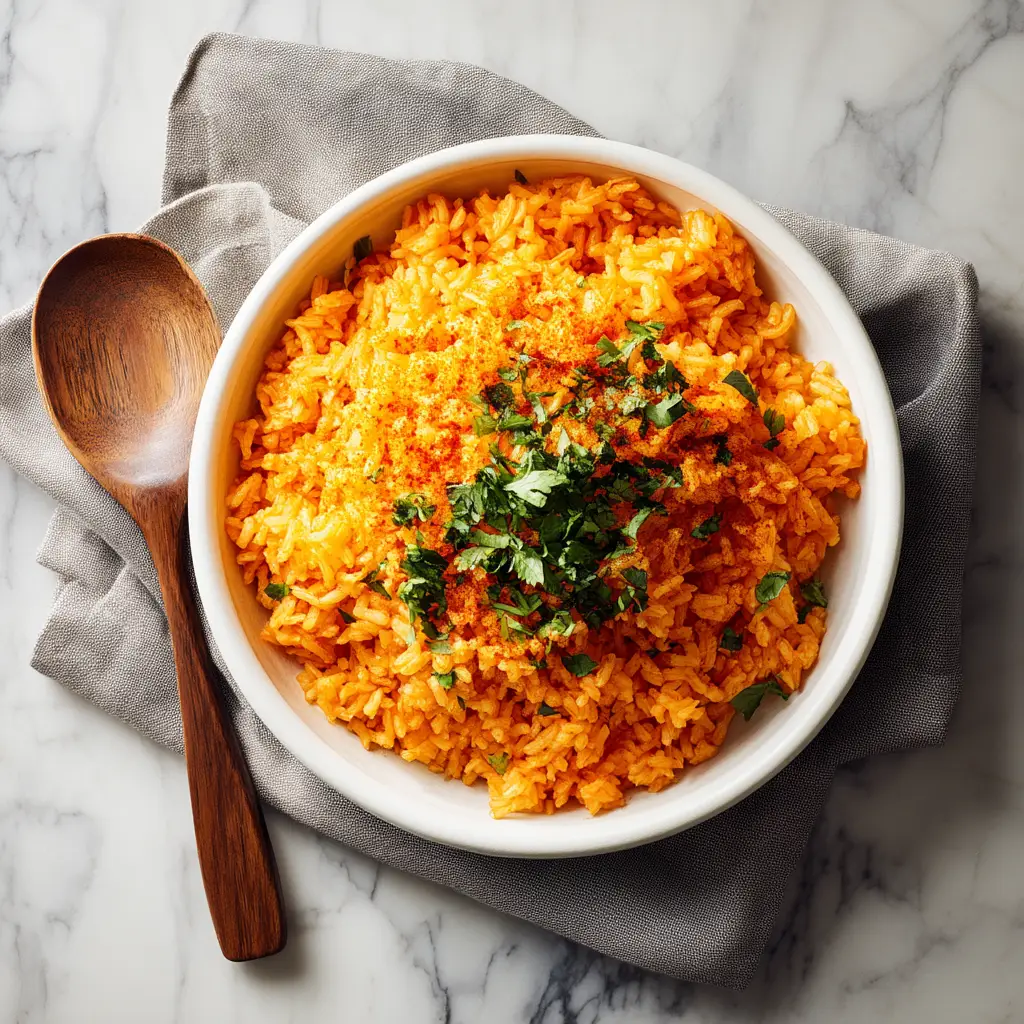 Authentic Spanish Rice Recipe (The Real Deal) 3 An overhead view of traditional Spanish yellow rice being served from a pan. The rice is perfectly cooked with separate grains.