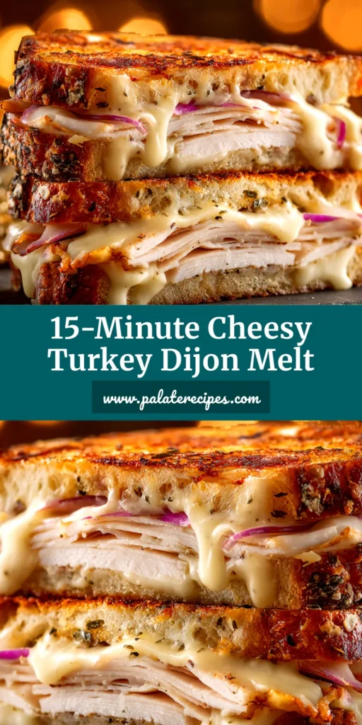 Turkey Dijon Melt: The Ultimate Guide to the Perfect Sandwich 5 A perfectly grilled Turkey Dijon Melt sandwich cut in half, showcasing layers of savory turkey and gooey, melted cheese on golden-brown bread.