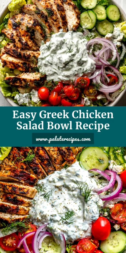 An overhead shot of a vibrant Tzatziki Chicken Salad Bowl, with shredded chicken, quinoa, tomatoes, olives, and a creamy tzatziki drizzle. A perfect healthy Greek-inspired meal.