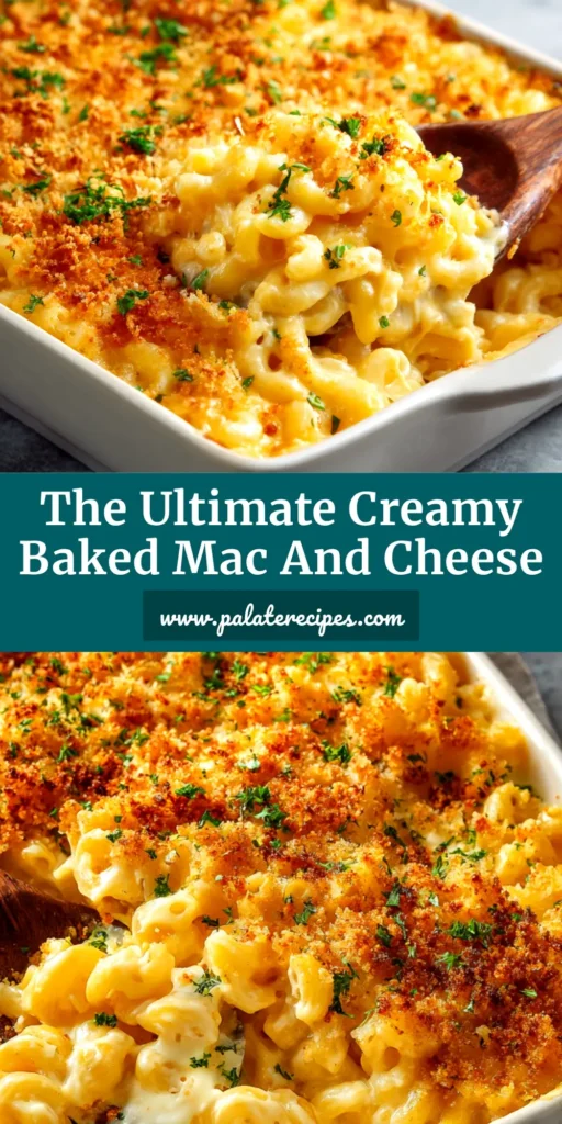 A close-up shot of creamy, cheesy baked mac and cheese in a casserole dish with a golden-brown breadcrumb topping.