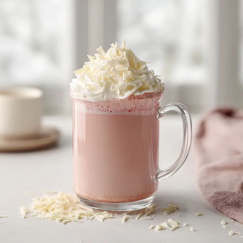 Strawberry Hot Chocolate: A Rich & Creamy Recipe 2 Two mugs of strawberry hot chocolate garnished with whipped cream, perfect for a cozy Valentine's Day treat.