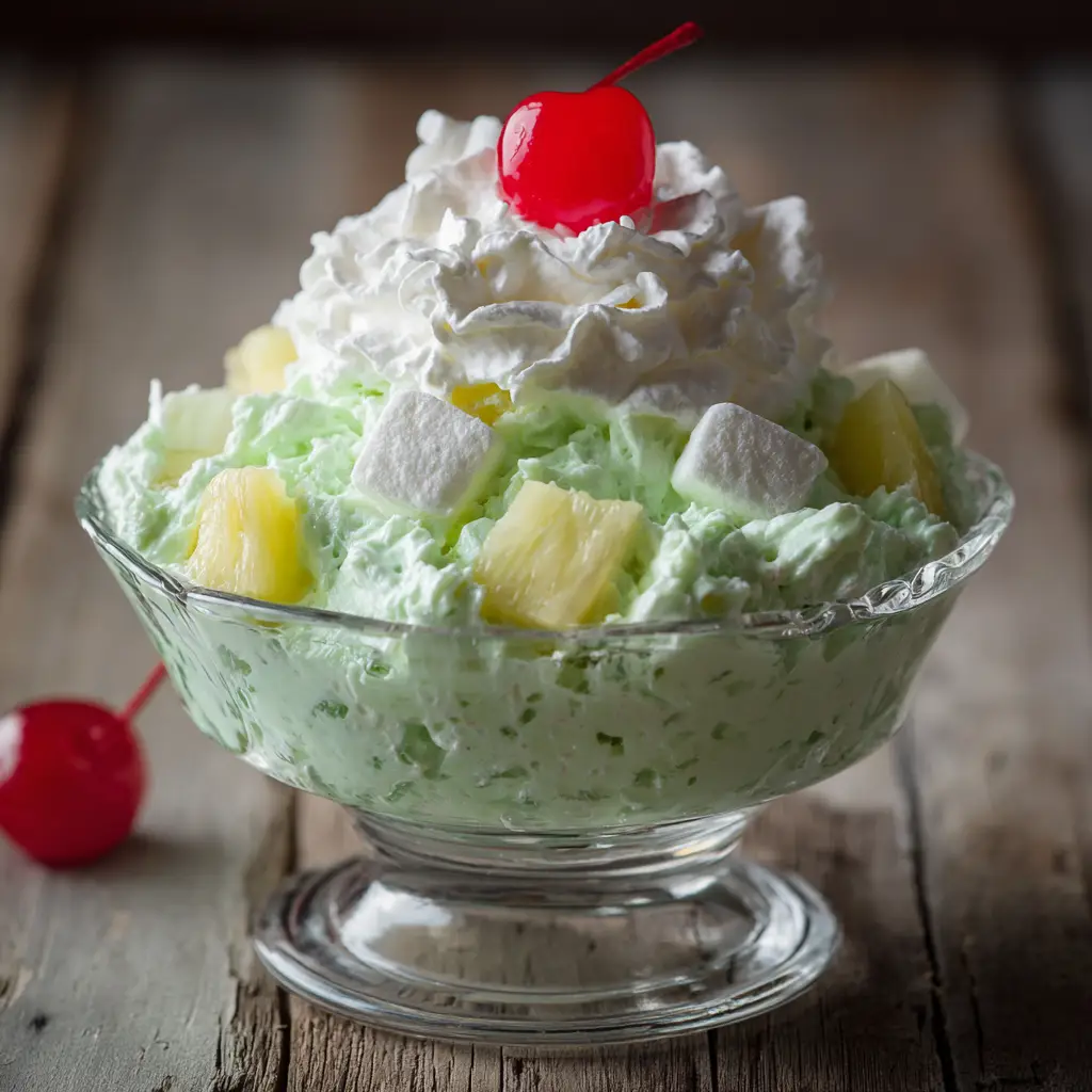 The ingredients for Watergate Salad laid out on a table: a box of pistachio pudding, a can of pineapple, a tub of whipped topping, a bag of marshmallows, and a bowl of pecans.