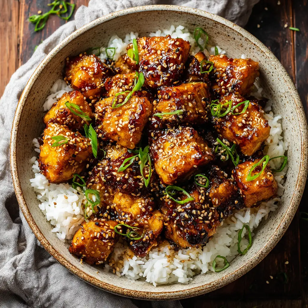 A beautiful serving of crispy honey garlic salmon bites on a bed of rice with a side of steamed broccoli. This showcases a healthy dinner idea.