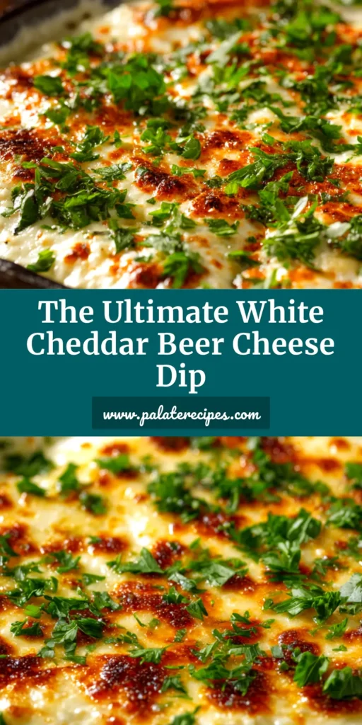 A sharable pin image for a creamy white cheddar beer cheese dip recipe, showing a bowl of the dip surrounded by soft pretzels.