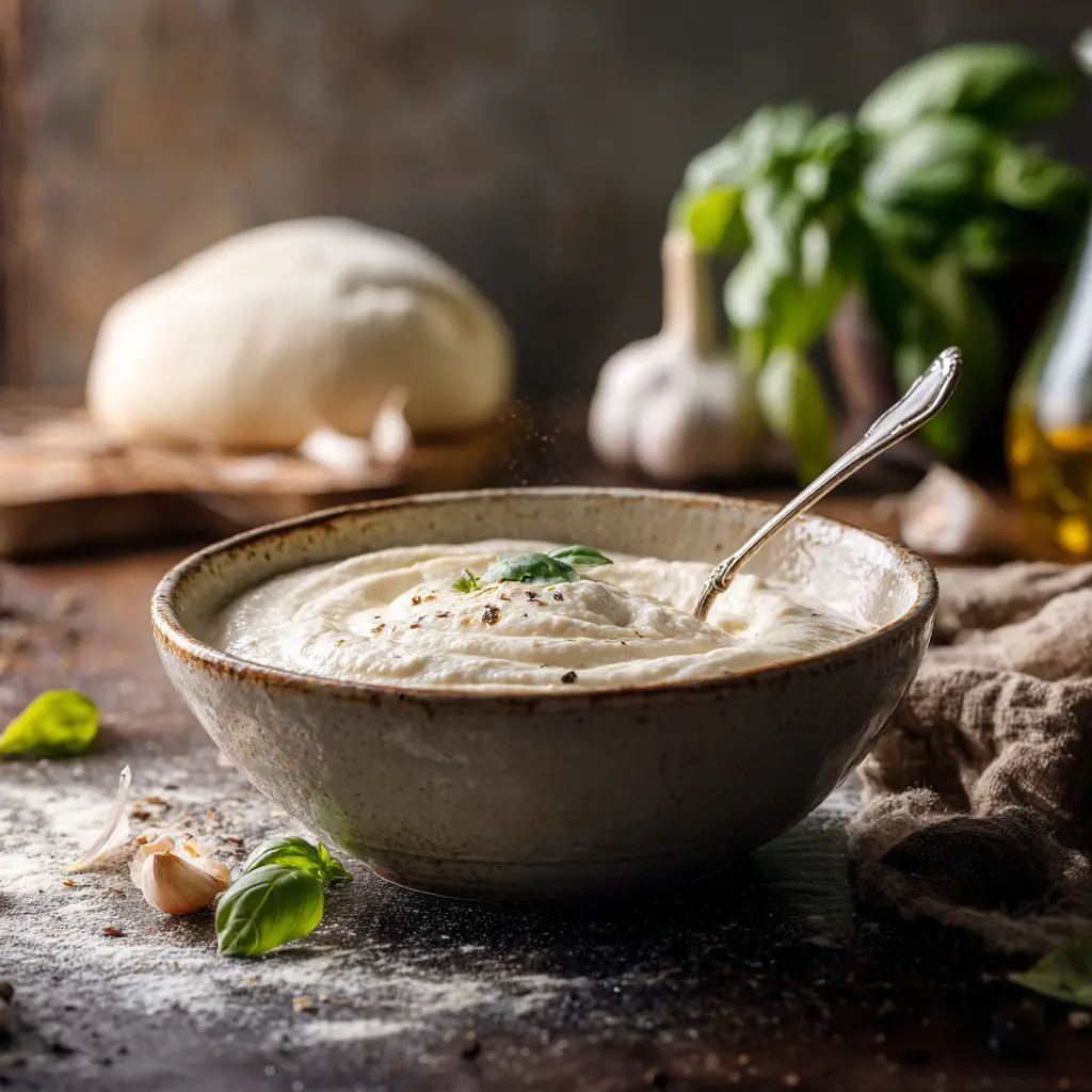 A glass jar of freshly made white garlic pizza sauce, surrounded by ingredients like garlic, parmesan cheese, and fresh herbs.
