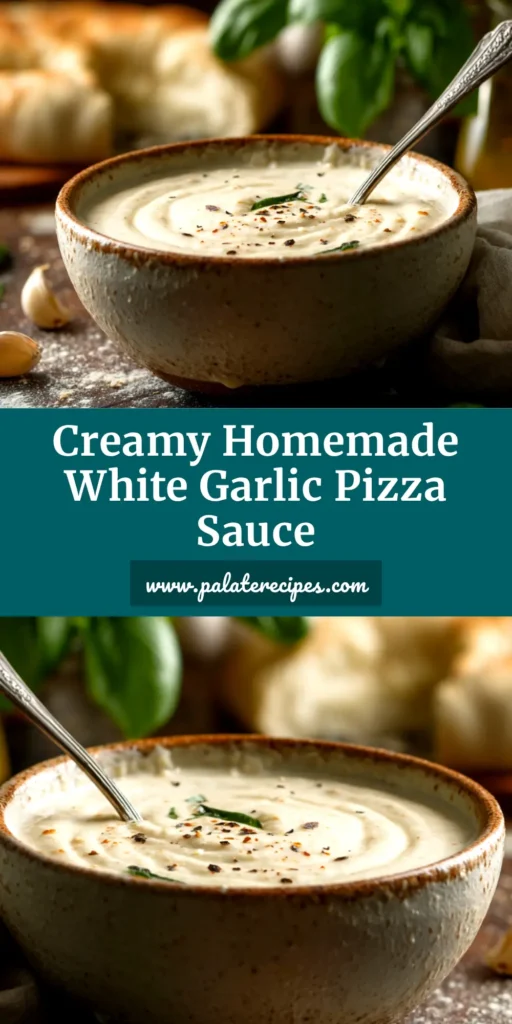 A jar of creamy white garlic pizza sauce next to a pizza topped with the sauce, chicken, and spinach. The text overlay reads 'Easy White Garlic Pizza Sauce Recipe'.