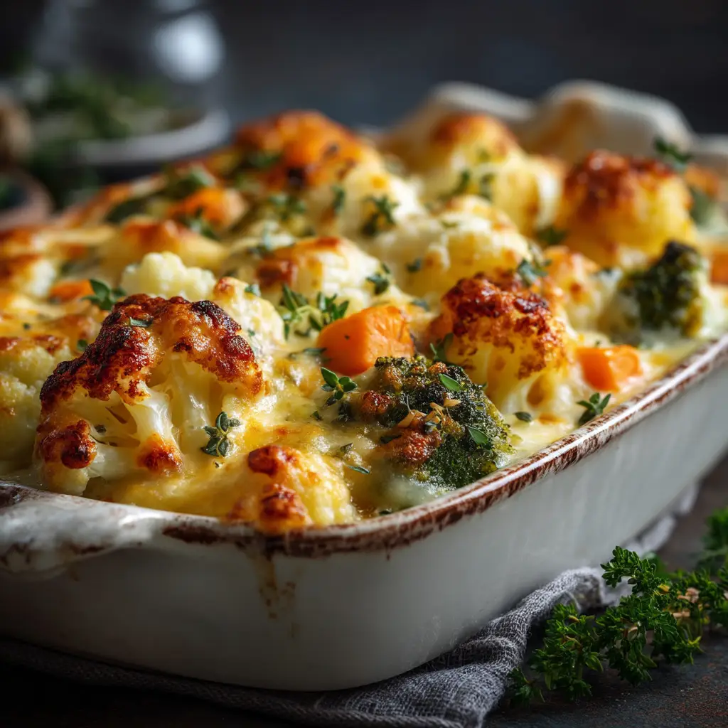 The ingredients for the winter vegetable casserole, including fresh carrots, broccoli, cauliflower, and blocks of cheese, arranged on a rustic wooden board.